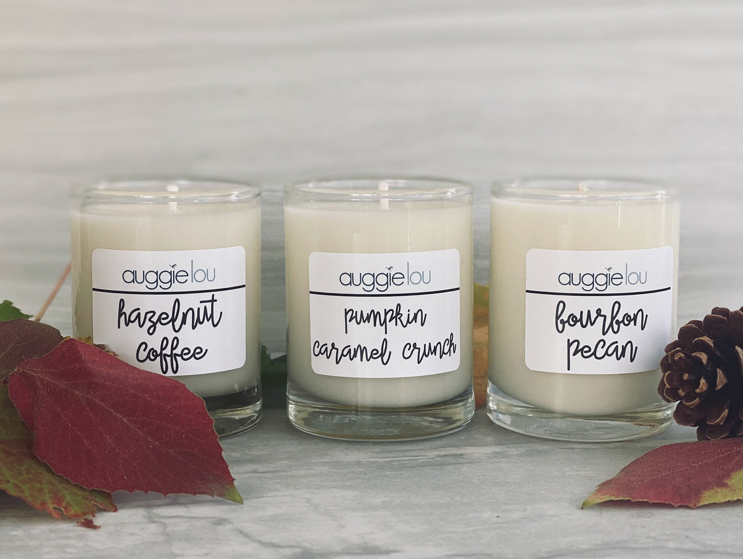 Hazelnut Coffee–Pumpkin Caramel Crunch–Bourbon Pecan Soy Candles | 100% Soy Wax | Autumn Scent | 2oz ea candle set | Handmade | auggielou