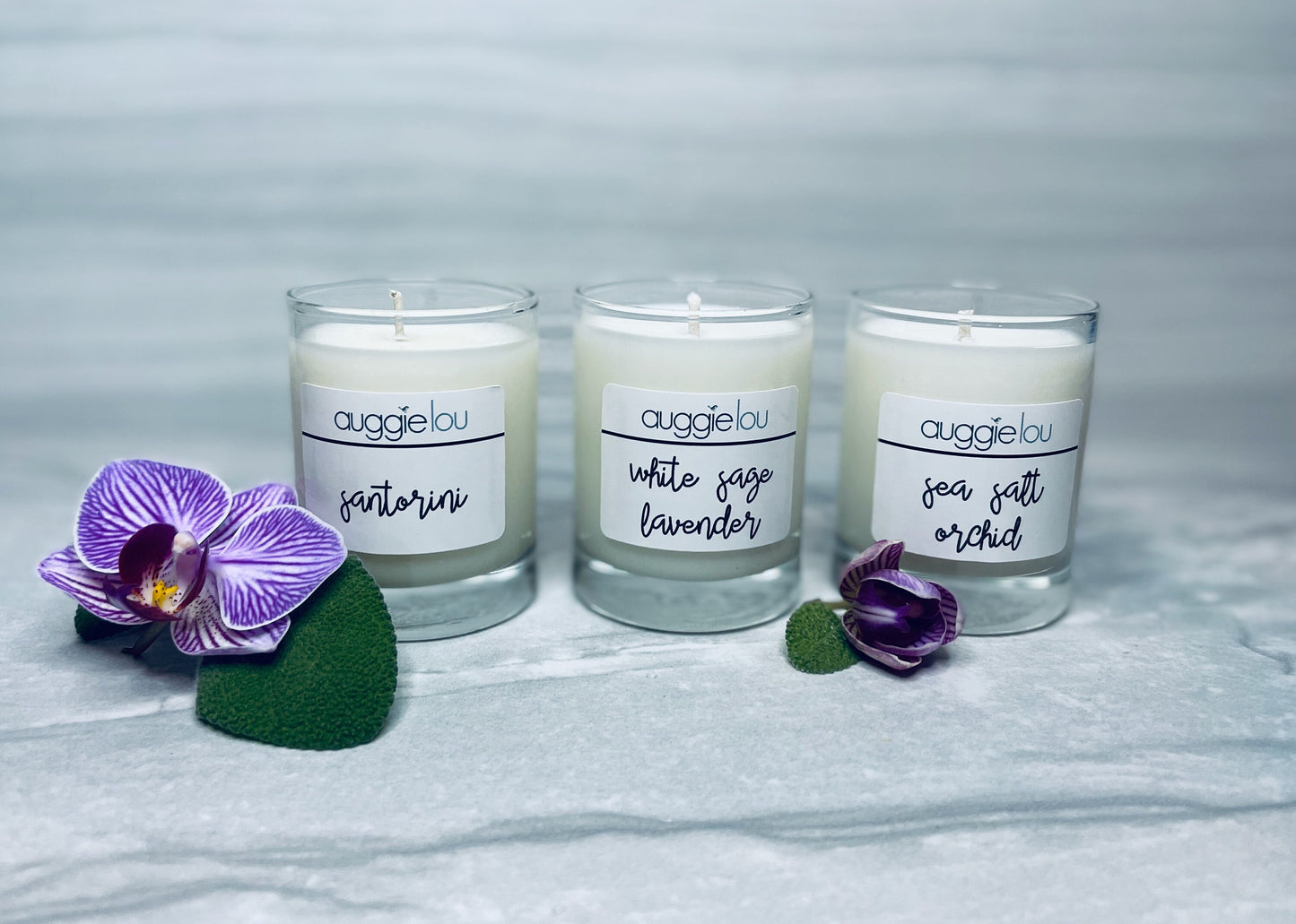 Santorini - Sea Salt Orchid - White Sage Lavender | 100% Soy Wax | Bliss Scent Candles | 2oz ea | Handmade | auggielou